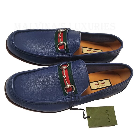 GUCCI SHOES MENS BLUE LEATHER MOCCASIN LOAFERS w HORSEBIT WEB sz 12.5G 13 - Picture 3 of 15
